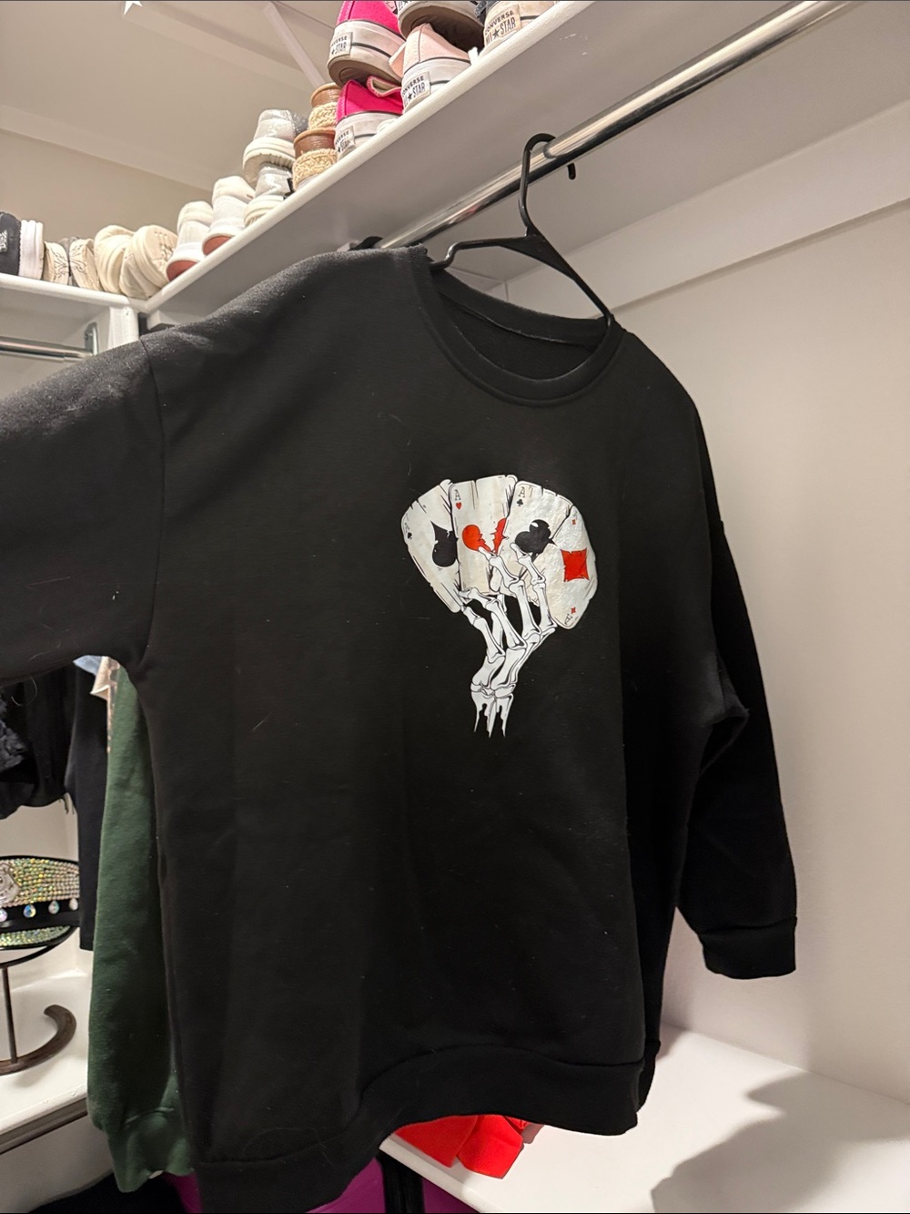 Women’s Black Graphic Crewneck Sweater with White & Red Skeleton Design